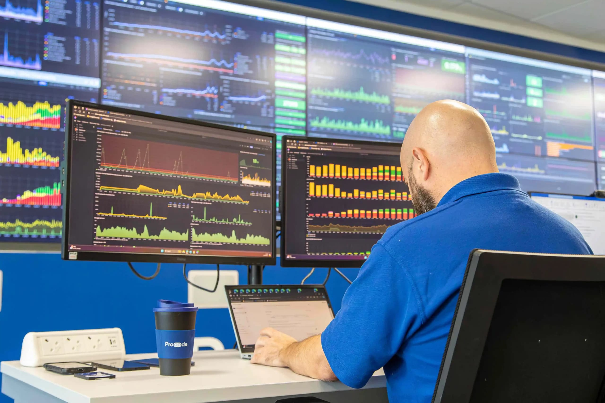 Procode engineer analysing historical and real-time smart meter data on a multi-screen dashboard to identify blind spots.