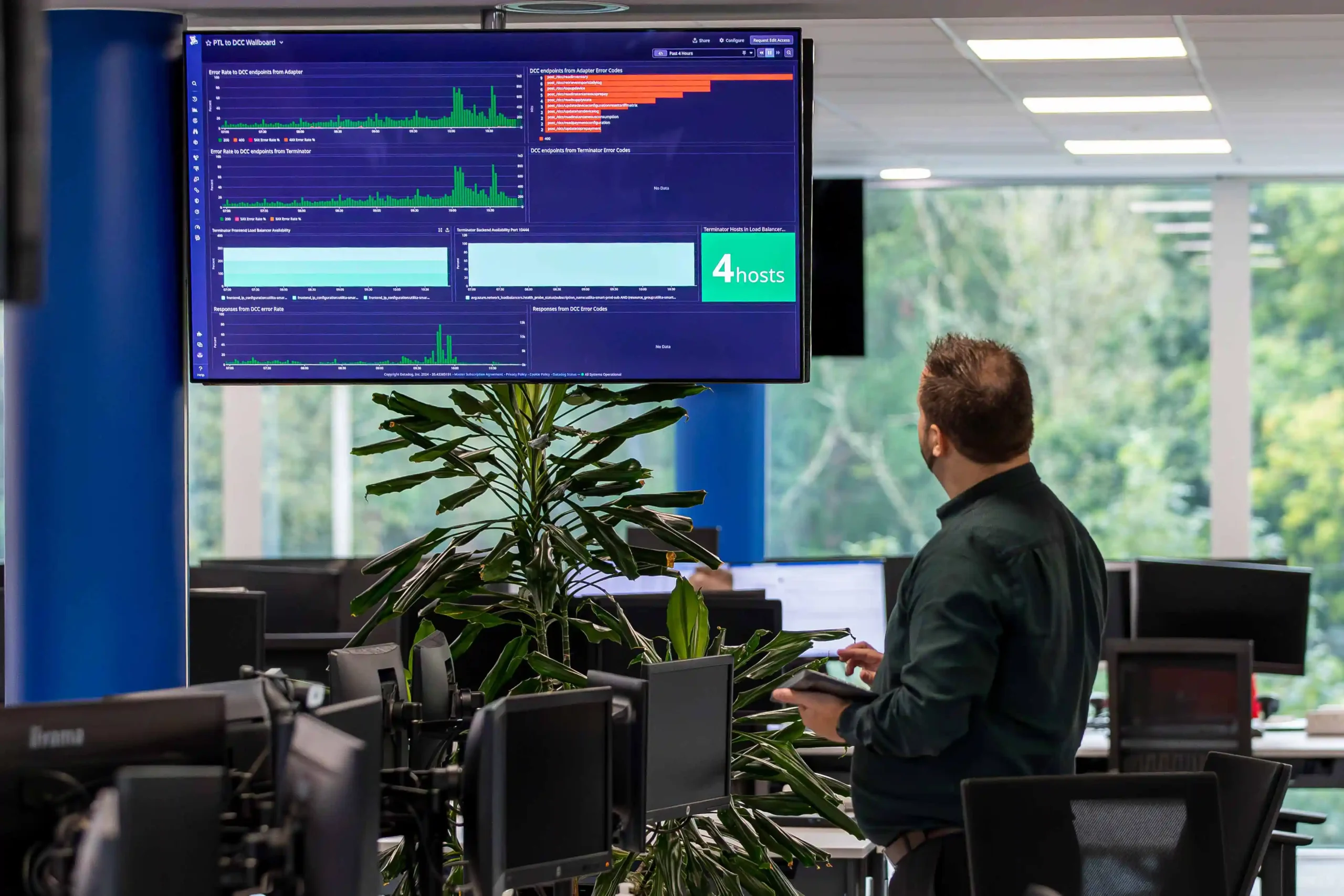 Procode team member reviewing live insights on a large screen to enhance their smart metering solutions for businesses.
